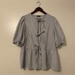 PrettyGarden Faux Bow Tie Button Up Striped Puff Sleeve Cottagecore Top